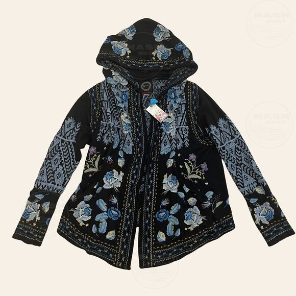 Rare Johnny Was Biya Beiro Hooded Cardigan | Blue Embroider Knit Duster NWT $418 - Picture 5 of 11